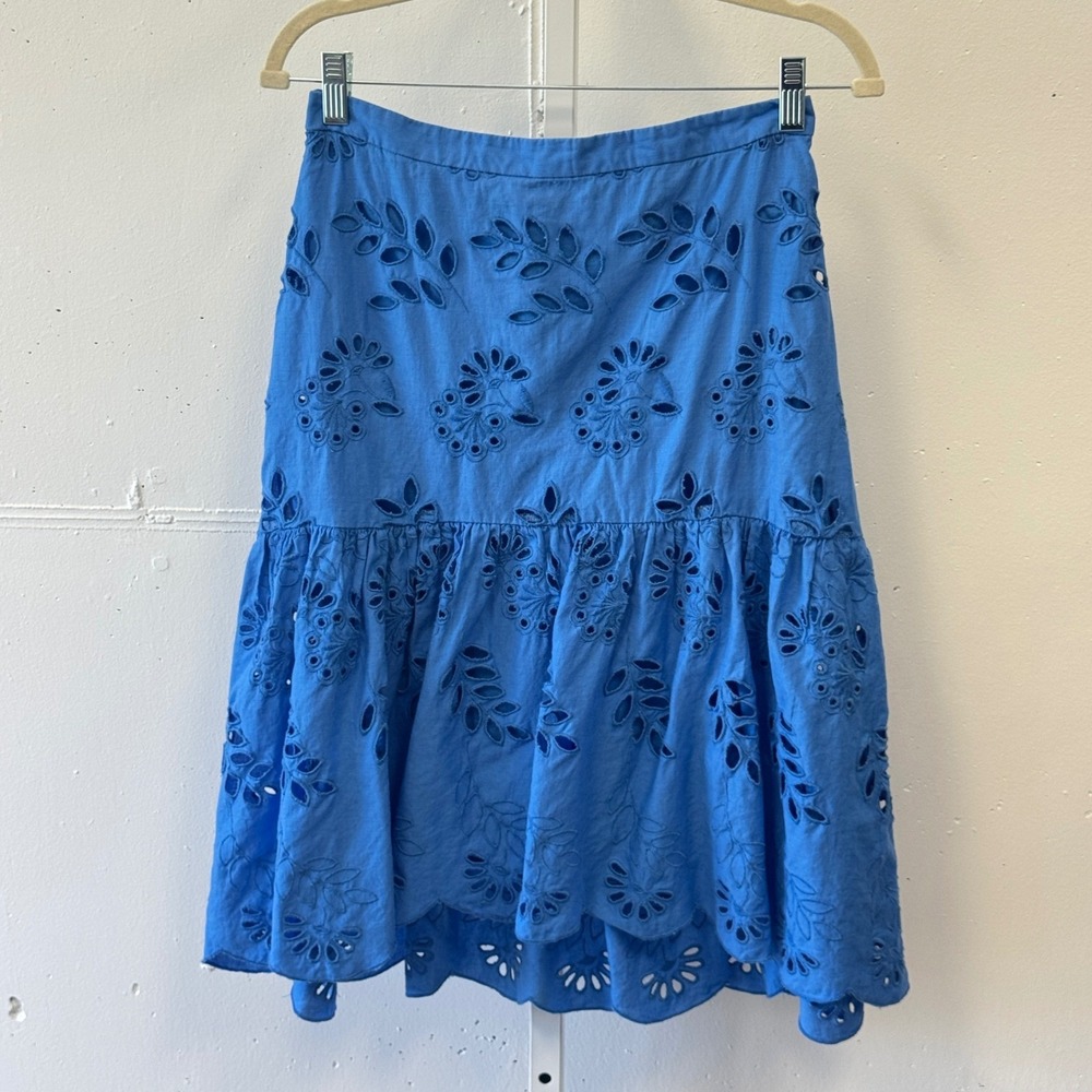 Ann Taylor Blue Eyelet Embroidered Linen Blend Knee Length Skirt Scalloped Hem 4